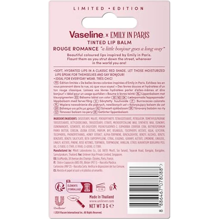 Vaseline LP Lippenbalsam, Emily Rouge Romance, 3 g, 24h Feuchtigkeit, 9% Vaseline, klassischer Rotton – Bild 3