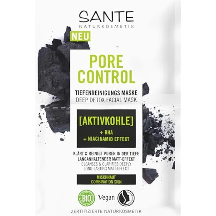 SANTE Naturkosmetik Pore Control Tiefenreinigungsmaske mit mattierender Aktivkohle, BHA & Niacinamid Komplex, vegane Gesichtsmaske für Mischhaut, 8ml