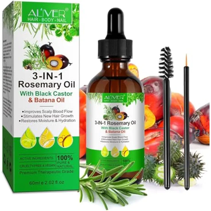 P-Beauty Bio Haaröl 3in1 Rosmarinöl, Rizinusöl & Batanaöl 60ml - Ätherisches Öl für Haar- und Hautpflege, fördert Haarwachstum, pflegt Haut & Nägel, inkl. Pipette und Applikator-Pinsel