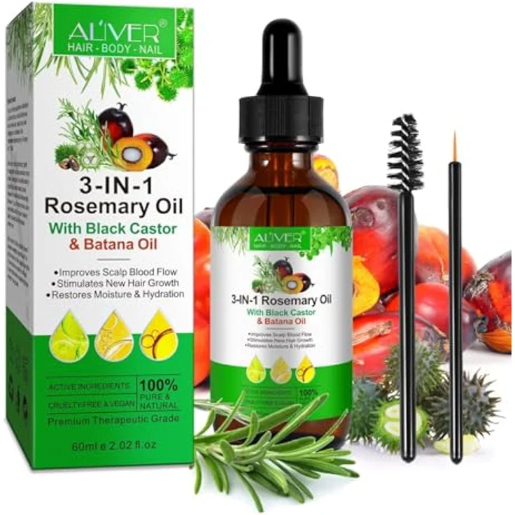P-Beauty Bio Haaröl 3in1 Rosmarinöl, Rizinusöl & Batanaöl 60ml - Ätherisches Öl für Haar- und Hautpflege, fördert Haarwachstum, pflegt Haut & Nägel, inkl. Pipette und Applikator-Pinsel – Bild 1