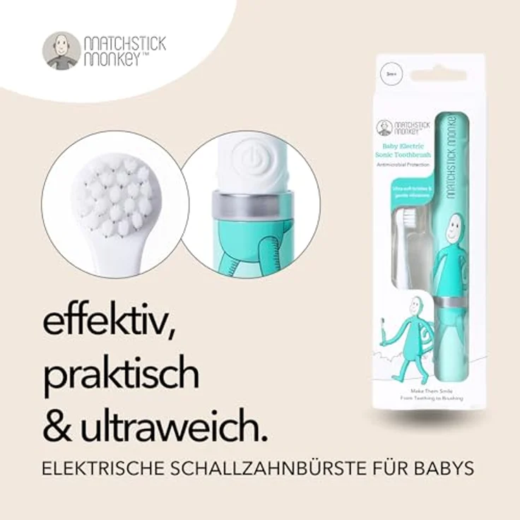 Matchstick Monkey Baby Elektrische Schallzahnbürste - ultraweiche Borsten - 3-36 Mon., Affe grün – Bild 3