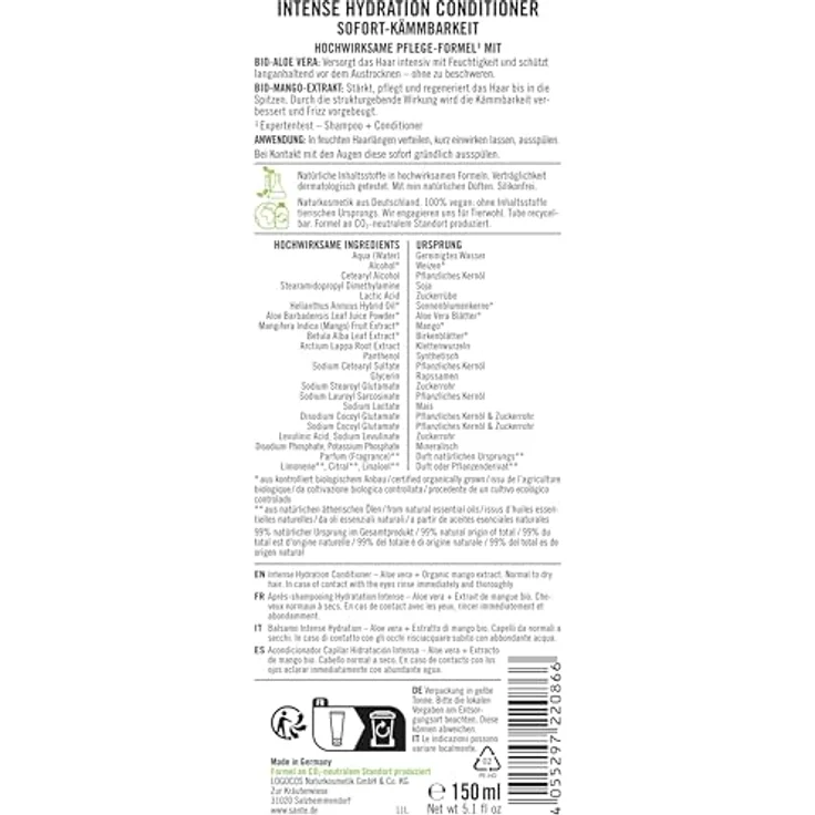 Sante Naturkosmetik Intense Hydration Conditioner, 150 ml mit Aloe Vera und Mango-Extrakt, fruchtiger Duft – Bild 2