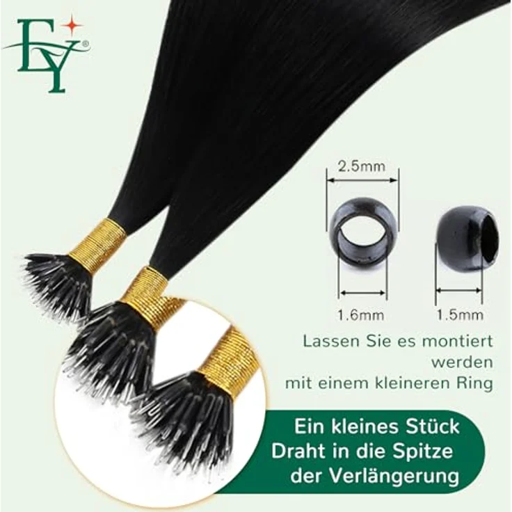 Easyouth Nano Bead Extensions, Echthaar Haarverlängerungen Pechschwarz, 35 cm, 50 Stück, 50g, Pre Bonded, Nano Ring #1 – Bild 4