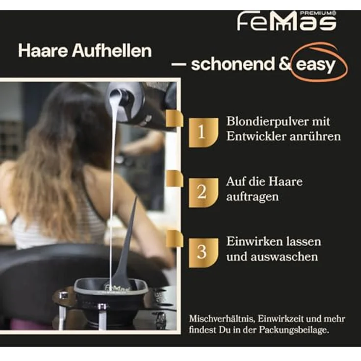 FemMas Blondierungspulver Set 500g & Entwickler 6% 1L, staubfrei, mit Arganöl, für gleichmäßige Blondierung bis zu 7 Tonstufen in Salonqualität – Bild 4