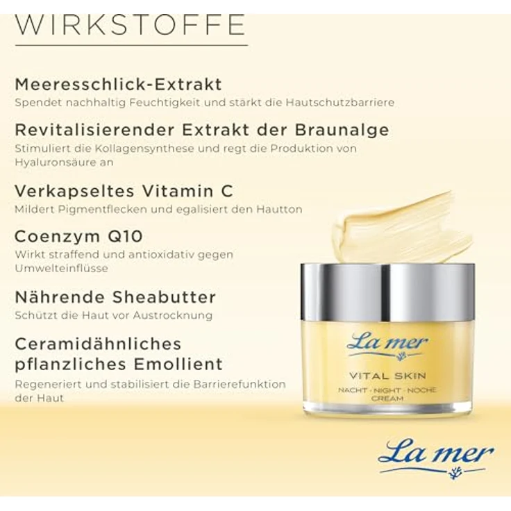 La Mer Vital Skin Nachtcreme, feuchtigkeitsspendende Anti-Aging Pflege mit Vitamin C zur hauttonausgleichenden Wirkung, ohne Duft – Bild 3
