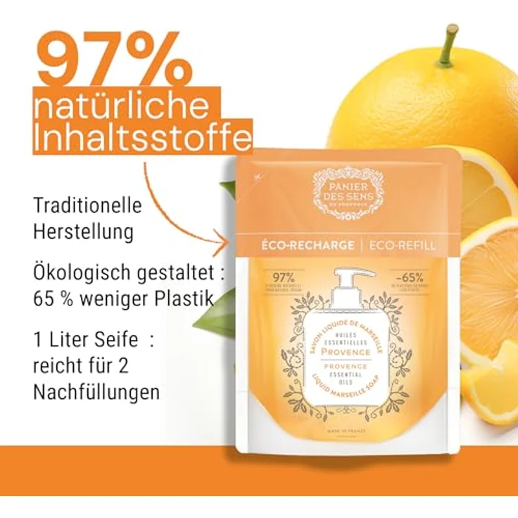 Panier des Sens Marseiller Flüssige Handseife Nachfüller 2x500 ml, 97% natürliche Inhaltsstoffe, feuchtigkeitsspendend mit Kokosnussöl, für Bad & Küche – Bild 5
