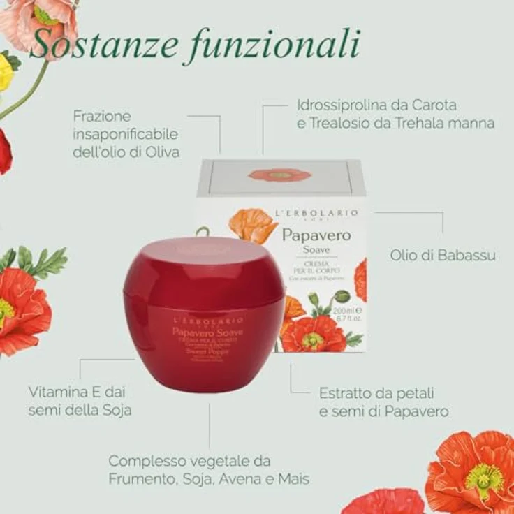 L'Erbolario Klatschmohn Körpercreme, Straffende und Feuchtigkeitsspendende Creme, Geeignet für Trockene Haut, Duftend, 200 ml – Bild 3