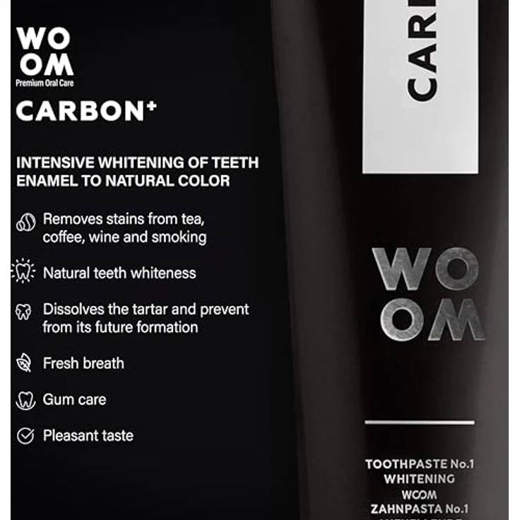 Woom Carbon+ Premium Toothpaste Whitening Zahnaufhellung Schwarze Aktivkohle Zahnpasta Aktivkohle Paste für Weiße Zähne Zahncreme mit Fluorid 75ml – Bild 3