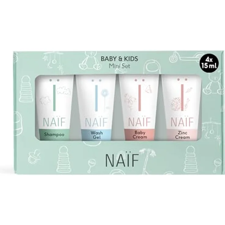 Naif Baby & Kids Geschenkset, Kosmetikset für Kinder mit Duschgel, Shampoo, pflegender Creme und Wundsalbe, 15 ml jeweils