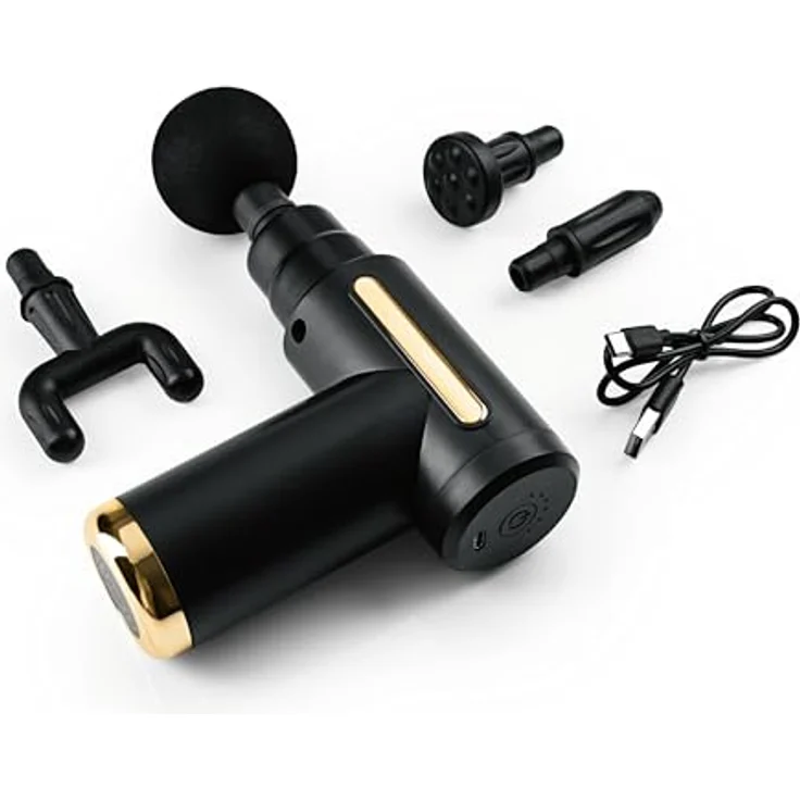 VITALmaxx Mini-Massagepistole, Massage Gun mit 4 Aufsätzen und 6 Leistungsstufen, zur Muskelmassage & Verspannungslösung, Schwarz/Gold – Bild 2