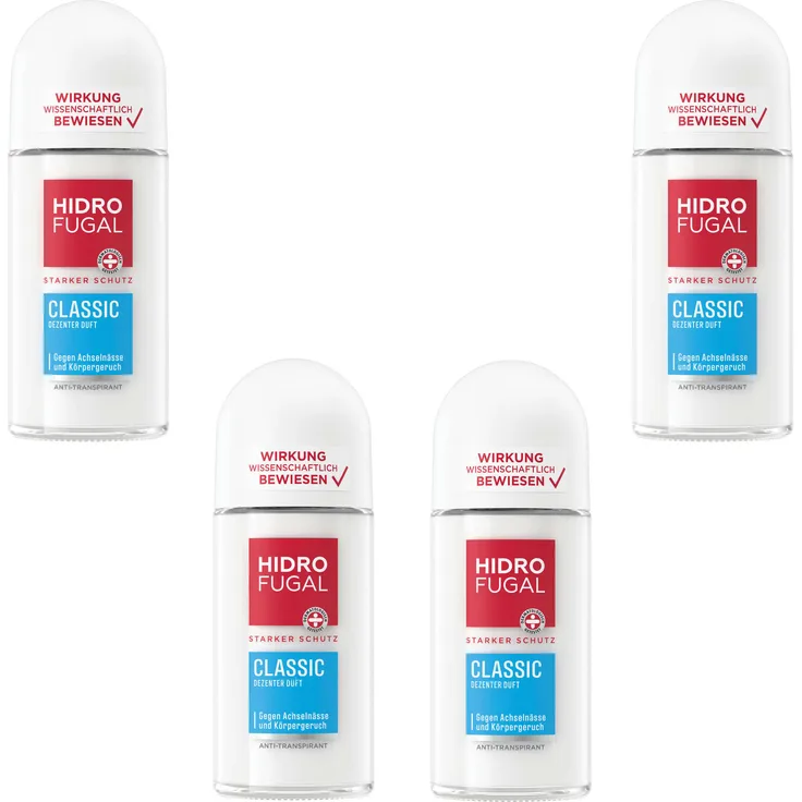 Beiersdorf HIDROFUGAL Deo Roll-on CLASSIC, starker Anti-Transpirant Schutz, 4 x 50 ml, alkoholfrei