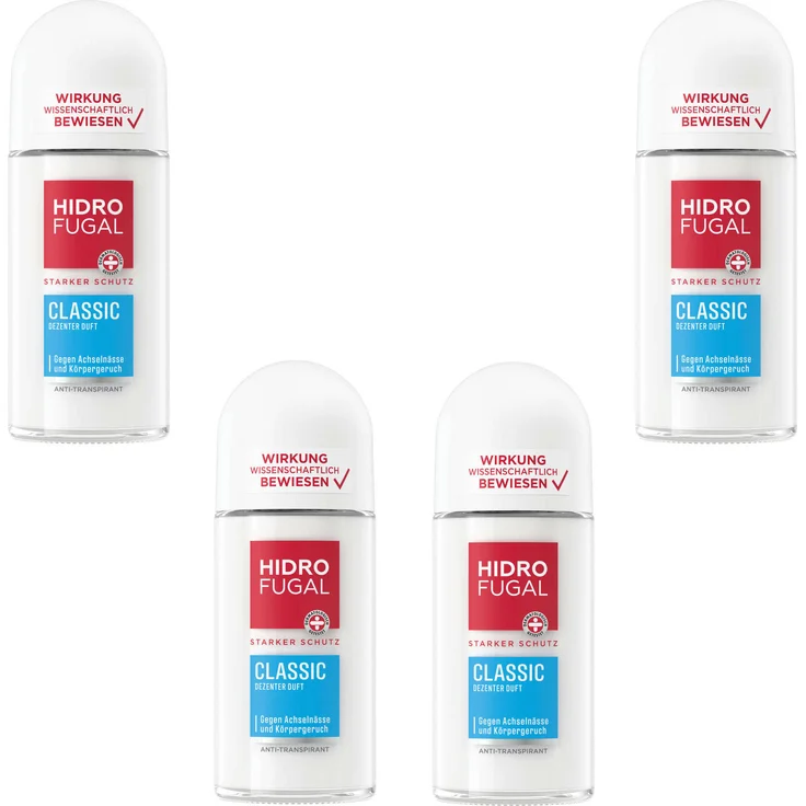 Beiersdorf HIDROFUGAL Deo Roll-on CLASSIC, starker Anti-Transpirant Schutz, 4 x 50 ml, alkoholfrei
