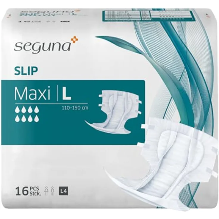 Seguna SEGUNA Slip Maxi, Inkontinenz Windeln für Erwachsene, Frauen, Männer, sehr schwere Blasen- und Stuhlinkontinenz, Saugleistung 4.050 ml, L, 16 Stück