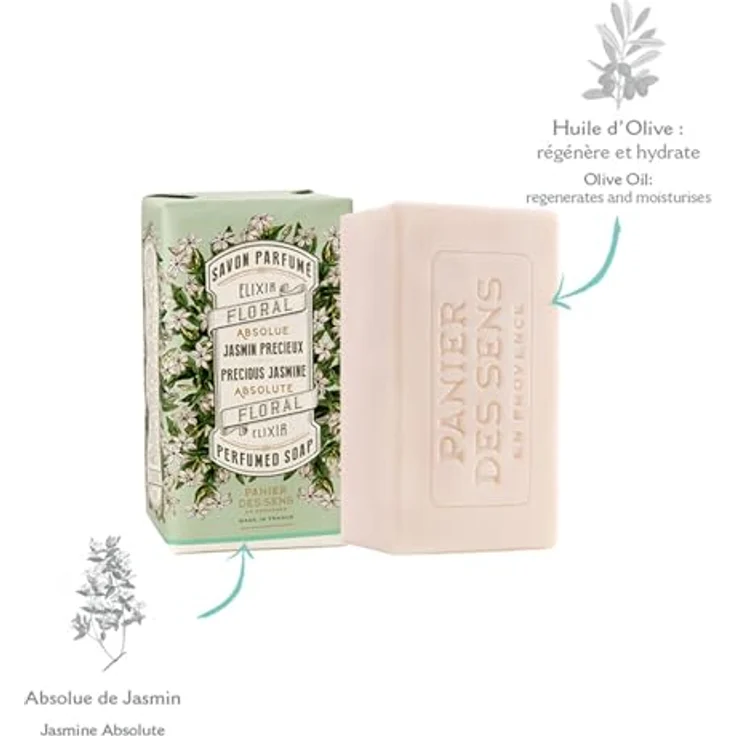 Panier des Sens Jasmin Seifenstück mit Sheabutter, feuchtigkeitsspendende Handseife für empfindliche Haut, 99% natürliche Inhaltsstoffe, 2 x 150g – Bild 2