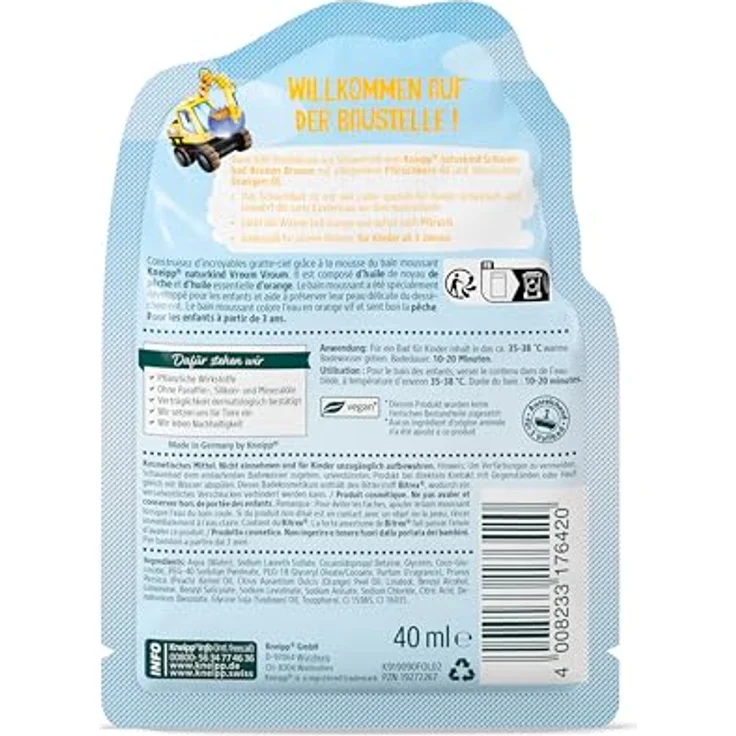 Kneipp naturkind Schaumbad Brumm Brumm, Badezusatz mit pflegendem Pfirsichkern-Öl und ätherischem Orangen-Öl, Bagger-/Kran-Motiv, 40ml für sensible Kinderhaut – Bild 3