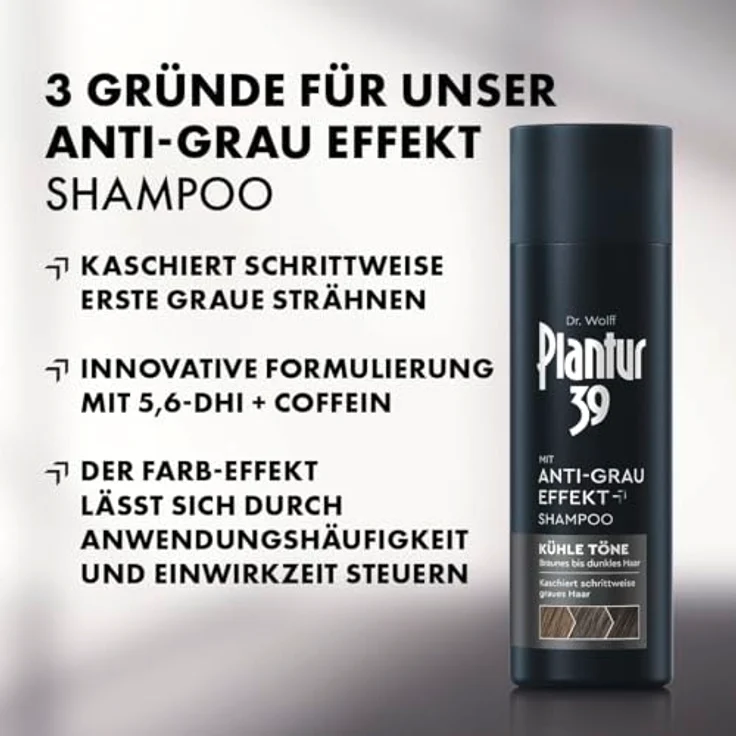 Plantur 39 Anti-Grau Effekt Shampoo, 200 ml - Für kühle Töne, kaschiert graue Haare ohne Färben, Coffein-Shampoo für braunes bis dunkles Haar – Bild 3