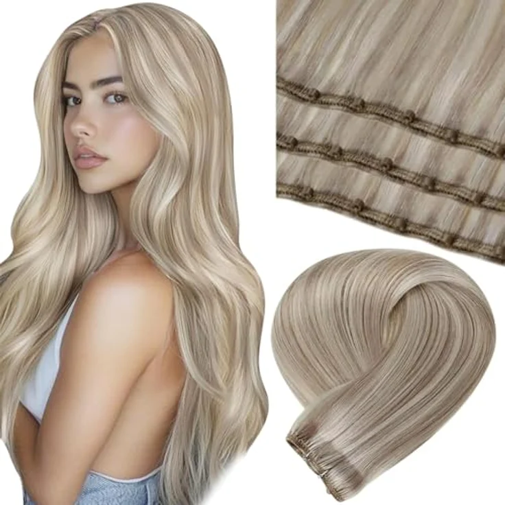 LaaVoo Microbeads Extensions Echthaar, 55cm, Unsichtbare Micro Weft Extensions, #18/613 Aschblond Highlights, Wiederverwendbar und Kleberfrei – Bild 1