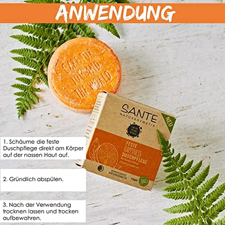 Sante Naturkosmetik Feste Seife zum Duschen für zarte Haut, Vegane Formel mit Bio-Orange und Mango, Feste Happiness Duschpflege, 80 g – Bild 5