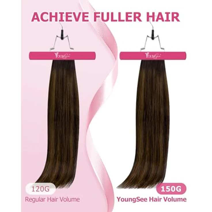 YoungSee Echthaar Extensions Clip Ombre 45cm, Dunkelbraun Balayage Mittelbraun, 120g Remy Clip-in Haarextension für Damen, Hitzebeständig, Schnelle Montage – Bild 2