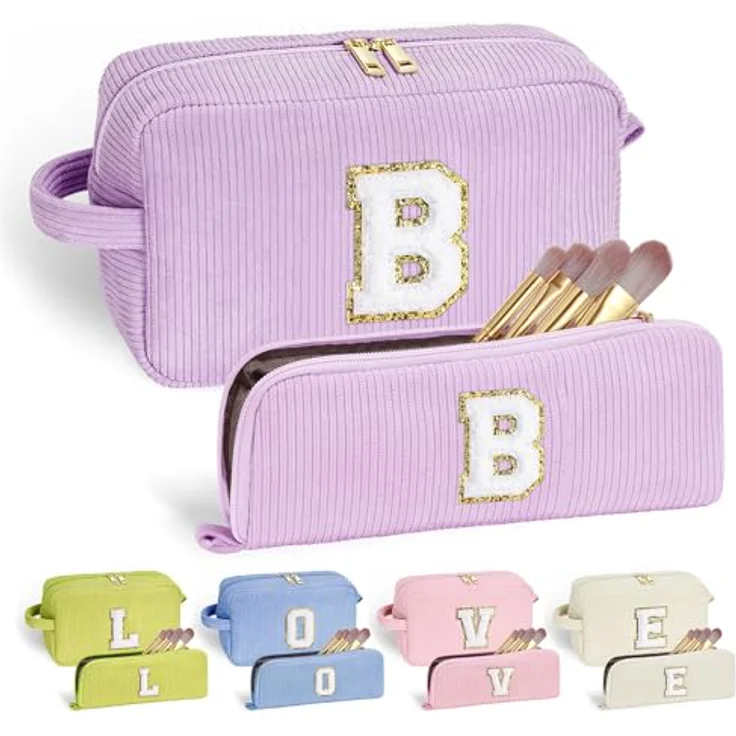Parima Kosmetiktasche Damen, 2-teilige tragbare Make-up Tasche aus Cord, personalisierbar mit Buchstaben B, 25x15x9 cm, ideal für Reisen und Geschenkideen für Frauen und Teenager – Bild 1