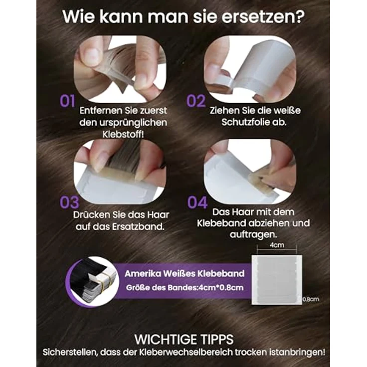 LaaVoo 70cm Tape Extensions Echthaar Dunkelstes Braun, 100% Remy Echthaar, 20PCS, 65G, nahtlos und wiederverwendbar – Bild 5