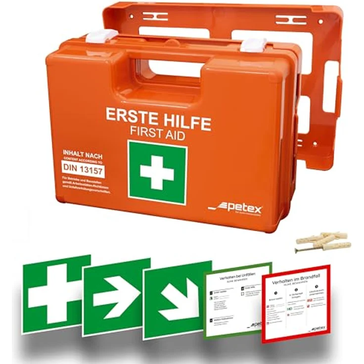 Petex Erste-Hilfe-Koffer Profi DIN 13157, Kunststoffkoffer mit Tragegriff, 280 x 115 x 200 mm, orange, wassergeschützt – Bild 1