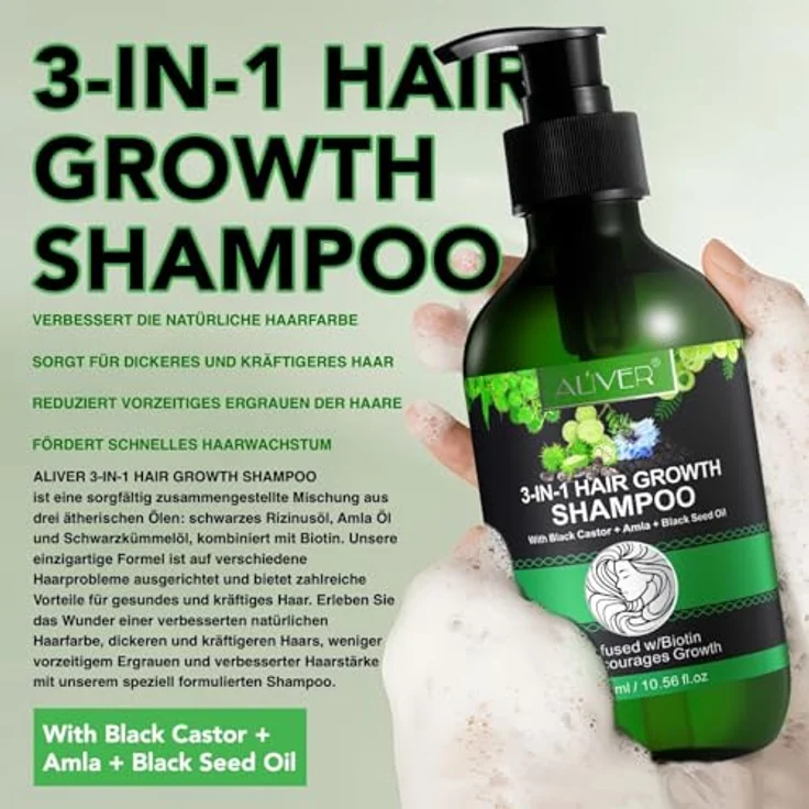 P-Beauty Cosmetic Accessories P-BEAUTY 3in1 Haarwachstumsshampoo 2 x 300ml - mit Black Castor Rizinus Oil, Amla & Schwarzkümmelöl – für die Kopfhautpflege, fördert dichtes und glänzendes Haar, Vegan – Bild 2