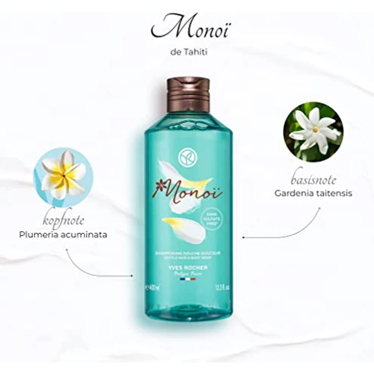 Yves Rocher Monoi de Tahiti Duschgel und Shampoo 2 in 1, 400 ml, feuchtigkeitsspendend für Haare und Körper – Bild 4