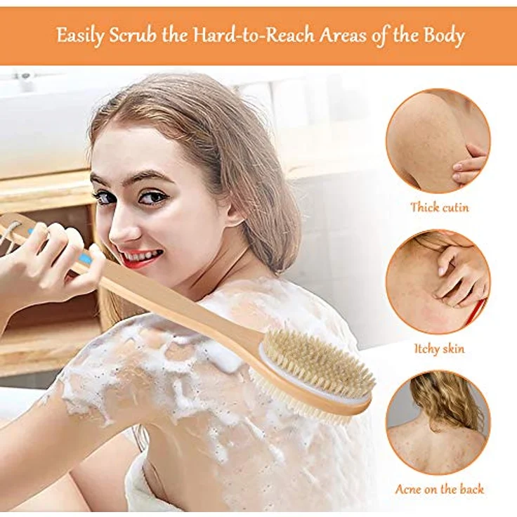 URAQT Doppelseitige Rückenbürste, Naturborsten Badebürste mit langem Holzgriff für Peeling und Massage, 44 cm – Bild 5