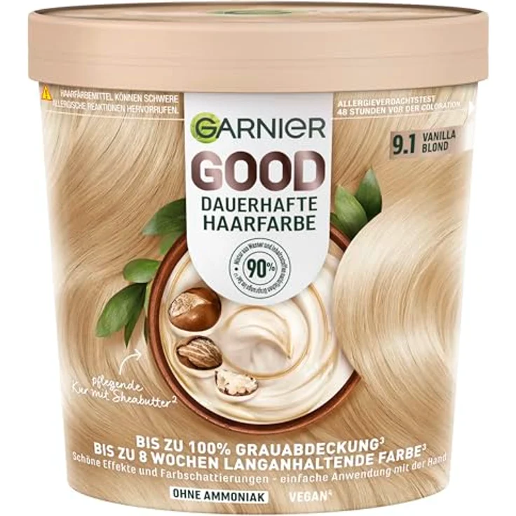 Garnier GOOD Dauerhafte Haarfarbe 9.1 Vanilla Blond, Coloration ohne Ammoniak, bis zu 100% Grauabdeckung, pflegende Kur mit Sheabutter – Bild 1