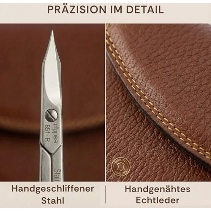 Nippes Classic Maniküre-Set braun, inkl. Kombinierte Haut- und Nagelschere, Saphirfeile & Pinzette, aus rostfreiem Stahl, Rindleder-Etui – Bild 5