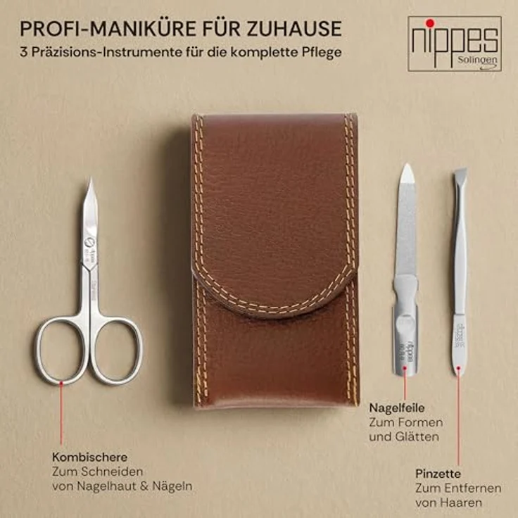 Nippes Classic Maniküre-Set braun, inkl. Kombinierte Haut- und Nagelschere, Saphirfeile & Pinzette, aus rostfreiem Stahl, Rindleder-Etui – Bild 3