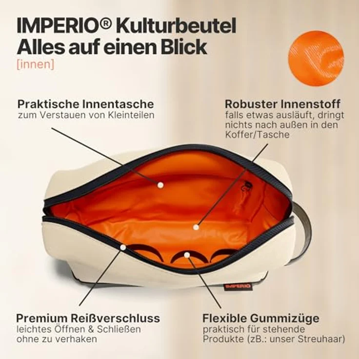 IMPERIO Kulturbeutel für Damen, Herren & Kinder, wasserdicht aus strapazierfähigem Premium Canvas & veganem Kunstleder, 5 Liter Stauraum, sandfarben – Bild 4