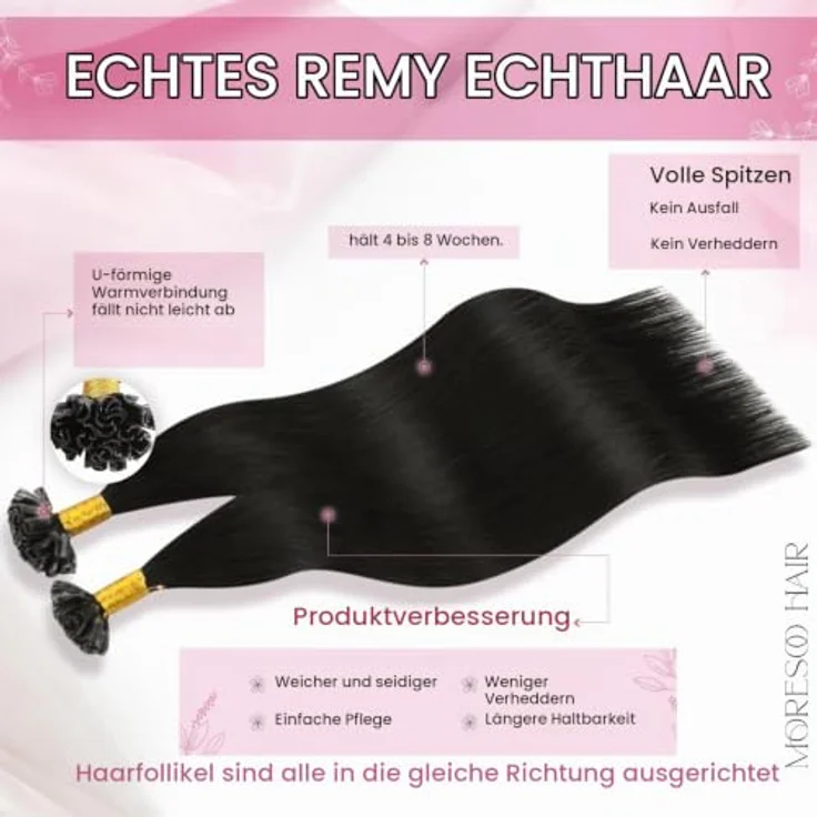 Moresoo U-Tip Bonding Extensions, Echthaar, 45 cm, 50 g, unsichtbar, natur-schwarz – Bild 2