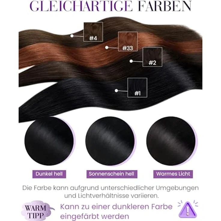 Laavoo Echthaar Bondings Extensions, Schwarz, Keratin-Bondings, 55cm, 50g, Remy Haar, glattes Design, hitzefusionsgeeignet – Bild 4
