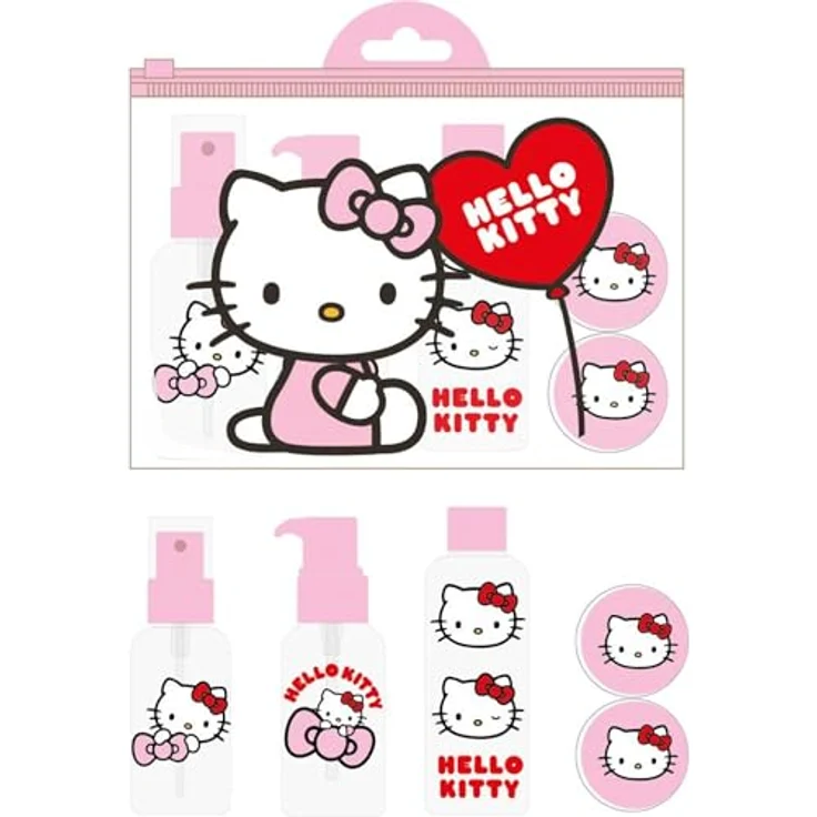 Hello Kitty Kulturbeutel Reiseset, Nachfüllbare Kosmetikflaschen im transparenten Reisebeutel mit Aufklebern zur Inhaltskennzeichnung – Bild 2