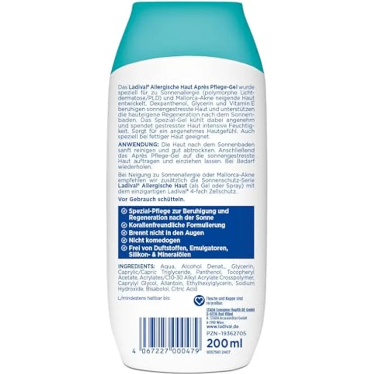 Ladival Après Pflege Gel für allergische Haut, kühlend & feuchtigkeitsspendend, 200ml bei Sonnenallergie & Mallorca-Akne, für empfindliche Haut ab 6 Monaten – Bild 2