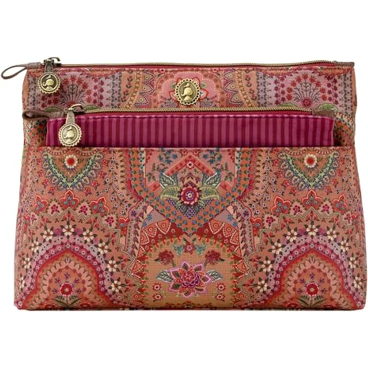 PIP Studio Caryn Kosmetiktasche Jabali 2er Set aus Polyestersamt, mit afrikanischem Blumenmuster in Rot, 26 x 7,5 x 18 cm – Bild 2