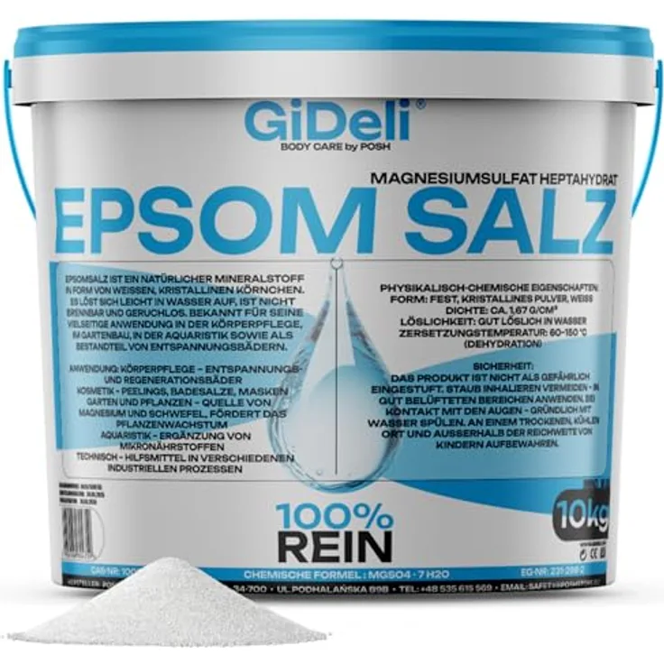 GiDeli Epsom Salz, 10 kg Eimer - 100% reines Magnesiumsulfat für entspannendes Fußbad, Körperpeeling und Gartenpflege, hohe Löslichkeit und natürliche Inhaltsstoffe