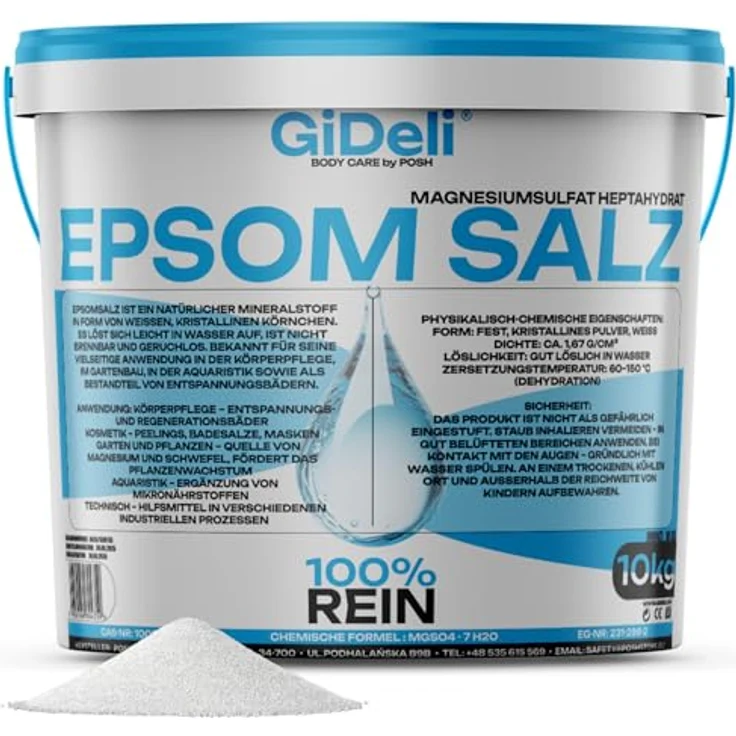 GiDeli Epsom Salz, 10 kg Eimer - 100% reines Magnesiumsulfat für entspannendes Fußbad, Körperpeeling und Gartenpflege, hohe Löslichkeit und natürliche Inhaltsstoffe – Bild 1