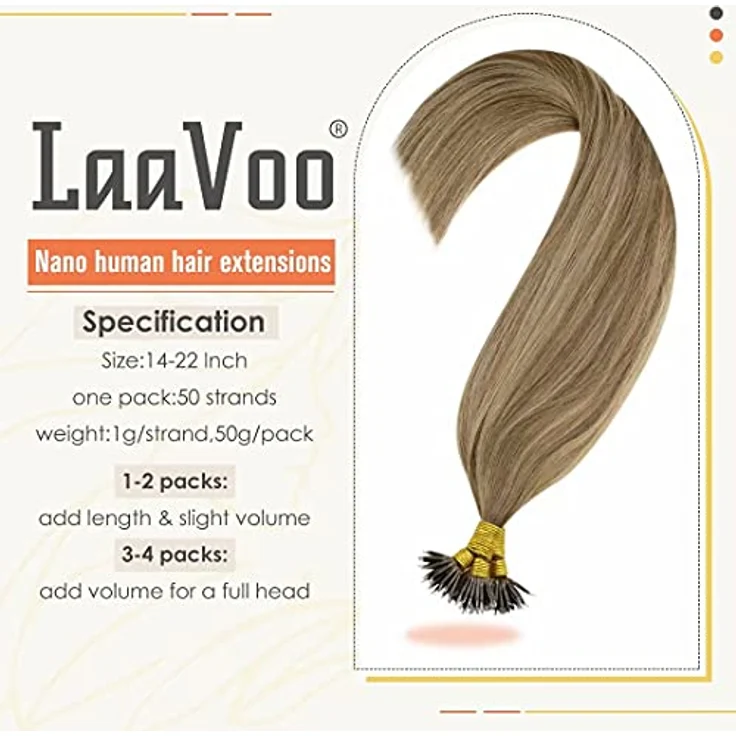 LaaVoo Nanoring Extensions Echthaar, Balayage Braun-Hellbraun Ombre #8/16/8, 50g, 45cm, ultradiskrete Anwendung ohne Hitze – Bild 2