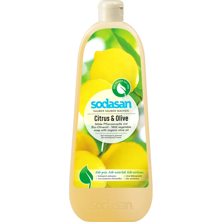 SODASAN Flüssigseife Zitrus & Olive, hautschonende Handseife mit natürlichem Duft aus ätherischen Ölen, 1 l – Bild 1