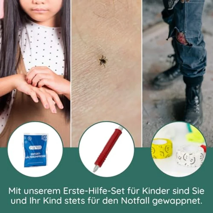 FLEXEO Erste-Hilfe-Set für Kinder, 47-teilig mit süßen Pflastermotiven, Fingerpuppe und Stickern, kompakt für unterwegs – Bild 6