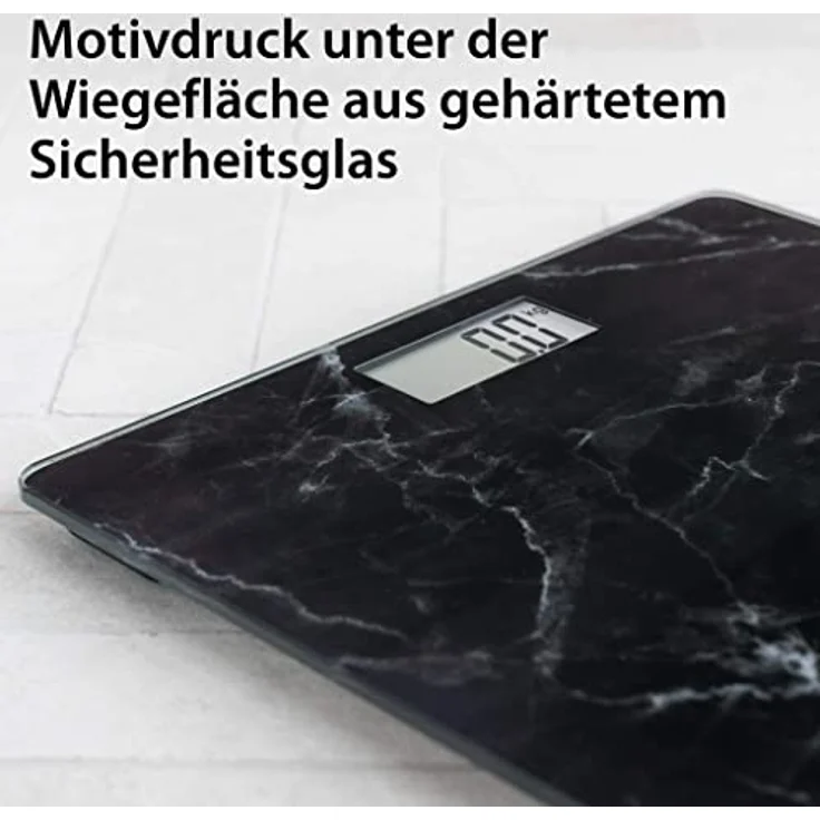ADE Digitale Personenwaage BE 1712 Aurora in dunkler Marmor, Optik, Elektronische Badezimmerwaage mit eleganter Wiegefläche aus Sicherheitsglas zur genauen Gewichtsbestimmung bis 180 kg, Schwarz – Bild 4