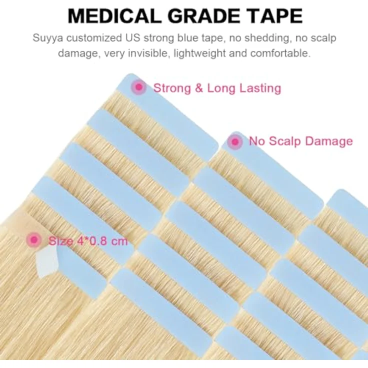 SUYYA Tape Extensions Echthaar, Invisible Tape-in Extensions, seidig gerade, 18 Zoll (45 cm), 20 Stück, 50g, #613 Bleichblond, Remy menschliches Haar – Bild 3