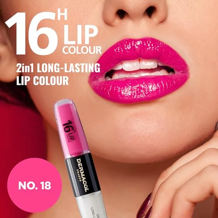 Dermacol 16H Lip Colour, langlebiger, glänzender Lippenstift in Farbton 18 Cotton Candy, 2x4 ml mit hoher Pigmentierung und glättender Wirkung – Bild 4
