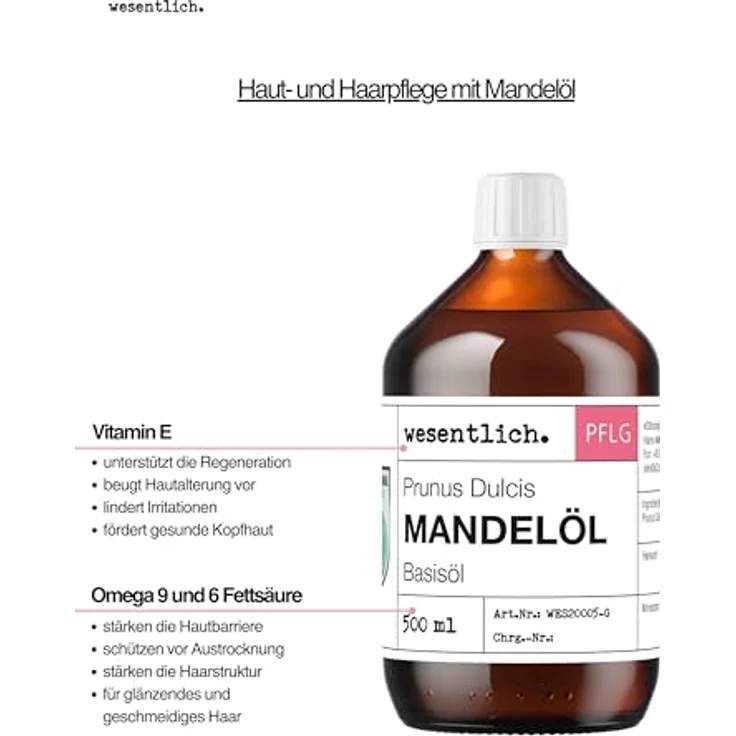 wesentlich. Mandelöl 500ml - 100% reines Basisöl für Haut, Haar und Gesicht - perfekte natürliche Pflege ohne Zusatzstoffe – Bild 4