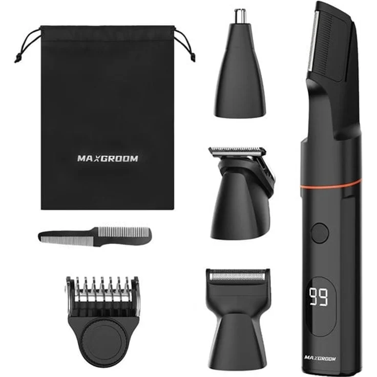 MAXGROOM LK-881 Multifunktionstrimmer mit austauschbaren Aufsätzen, IPX6 wasserdicht, Digitaldisplay, Schwarz