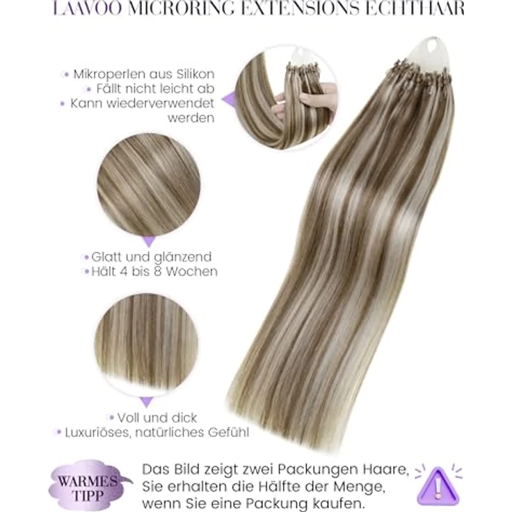 LaaVoo 55cm Microring Echthaar Extensions, 50g, Hellbraun Highlighted und Hellblond, 1g Invisible Micro Loop, #P8/24 – Bild 2