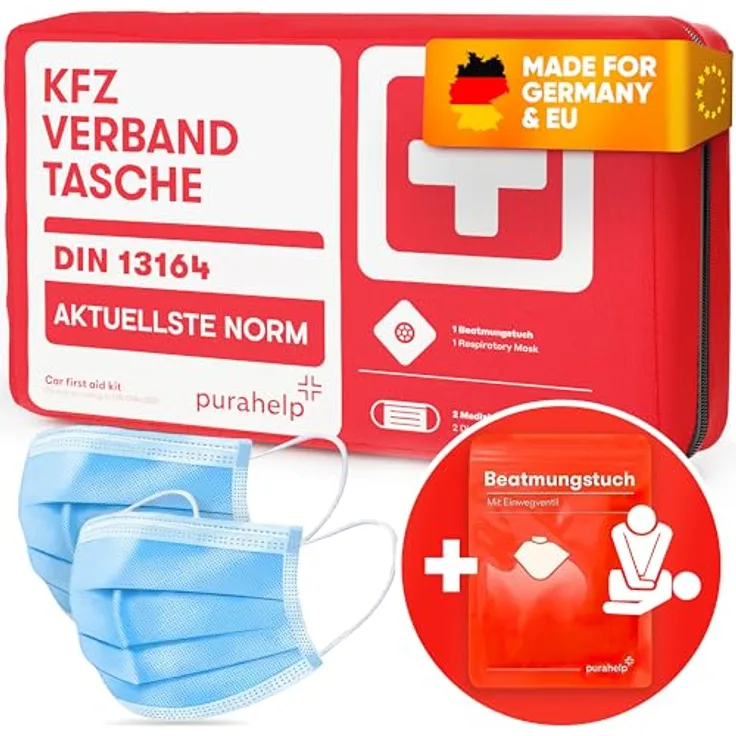 PURAHELP KFZ Verbandstasche 2024 - DIN 13164 konform - Inkl. Beatmungstuch - Erste Hilfe Set Auto, StVO konform